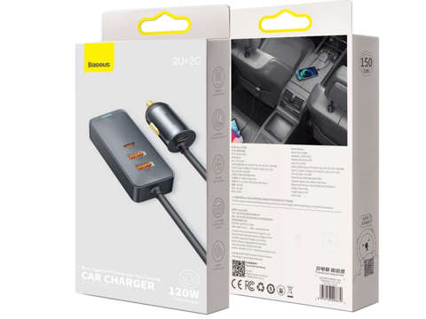 Baseus Share Autoladegerät mit 2x USB-Verlängerung, 2x USB-C 120W Grau