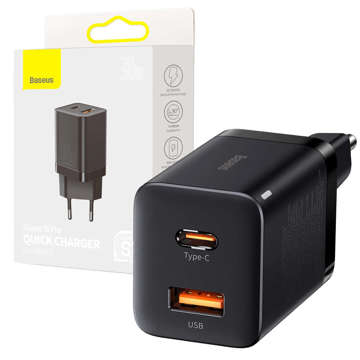 Baseus Super Si Pro Schnellladegerät USB USB-C QC 3.0 PD 30W Schwarzes Wandladegerät