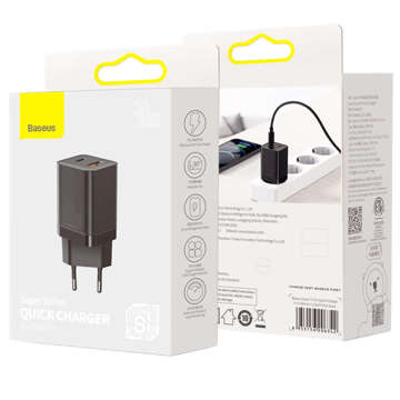 Baseus Super Si Pro Schnellladegerät USB USB-C QC 3.0 PD 30W Schwarzes Wandladegerät