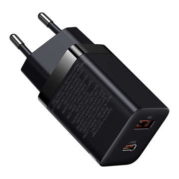 Baseus Super Si Pro Schnellladegerät USB USB-C QC 3.0 PD 30W Schwarzes Wandladegerät