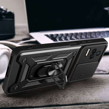 Camshield Pro Stand Cover Ring gepanzerte Hülle mit Kameraabdeckung für Xiaomi Poco F4 5G Schwarz