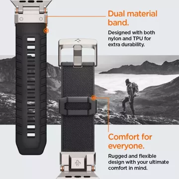 Das Spigen Durapro Armor-Armband für die Apple Watch 4 / 5 / 6 / 7 / 8 / 9 / Se / Ultra 1 / 2 (42 / 44 / 45 / 49 mm) ist eine Kombination aus modernen Materialien, die Haltbarkeit und Stil vereinen und so ein Unikat schaffen Zubehör für Ihre Smartwatch.