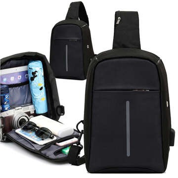 Einschulter-Rucksack für Männer, Frauen, Schule, Jugend, urban, klein, Black Alogy, mit USB, Diebstahlschutz