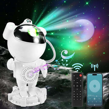 Galaxy-Sternprojektor – Astronautenfigur mit Lautsprecher, Bluetooth-Lautsprecher, RGB-LED-Lampe für ein Kinderzimmer, Fernbedienung, Weiß