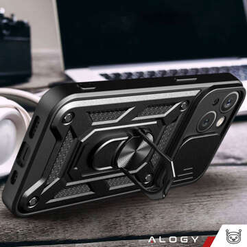 Gepanzerte Hülle für iPhone 15 Plus Camshield Case Ring Alogy Stand mit verschiebbarer Kameraabdeckung, schwarz
