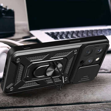 Gepanzerte Hülle für iPhone 15 Pro Camshield Case Ring Alogy Stand mit Schiebekameraabdeckung aus schwarzem Glas