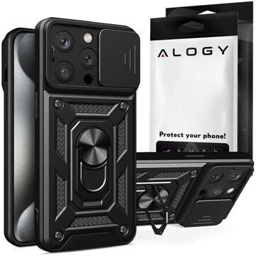 Gepanzerte Hülle für iPhone 15 Pro Camshield Case Ring Alogy Stand mit verschiebbarer Kameraabdeckung, schwarz