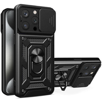 Gepanzerte Hülle für iPhone 15 Pro Max Camshield Case Ring Alogy Stand mit verschiebbarer Kameraabdeckung, schwarz