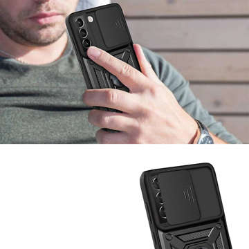 Gepanzerte Hülle mit Kameraabdeckung Alogy Camshield Stand Ring für Samsung Galaxy S22 Plus schwarz