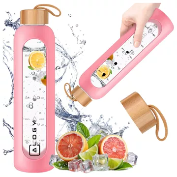 Große Glasflasche, Wasserflasche, Trinkgetränke, Alogy Motivational Messbecher, 1 l, 1000 ml, Silikonhülle, Pink