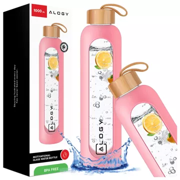 Große Glasflasche, Wasserflasche, Trinkgetränke, Alogy Motivational Messbecher, 1 l, 1000 ml, Silikonhülle, Pink