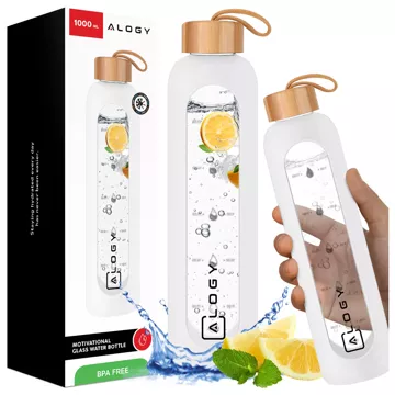 Große Glasflasche, Wasserflasche, Trinkgetränke, Alogy Motivational Messbecher, 1 l, 1000 ml, Silikonhülle, Weiß