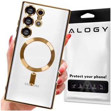 Hülle für Samsung Galaxy S24 Ultra Mag Safe Glamour Case Ringgehäuse Kameraschutz Alogy Gold Transparent