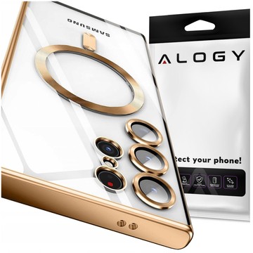 Hülle für Samsung Galaxy S24 Ultra Mag Safe Glamour Case Ringgehäuse Kameraschutz Alogy Gold Transparent