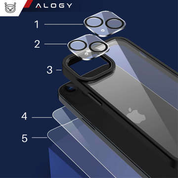Hülle für iPhone 14 Plus 4er-Set Brille 5in1 gepanzert 360 Alogy Hybrid 2x Bildschirmglas 2x Linse schwarz-transparent
