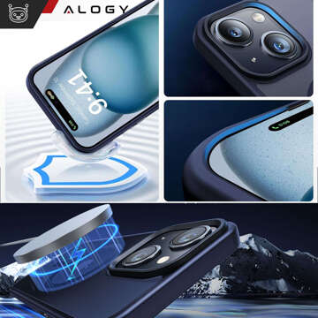 Hülle für iPhone 15 Plus MagSafe Matt Case Cover mattiert Alogy Ring gepanzerte Handyhülle Marineblaues Glas