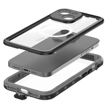 Hülle für iPhone 15 Plus wasserdicht Mag Safe Case gepanzertes wasserdichtes Gehäuse schwarz und grau