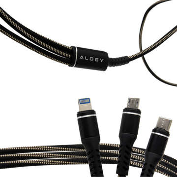 Kabel Alogy Nylon 3w1 USB-C Typ C Lightning Micro USB 5A Schwarz