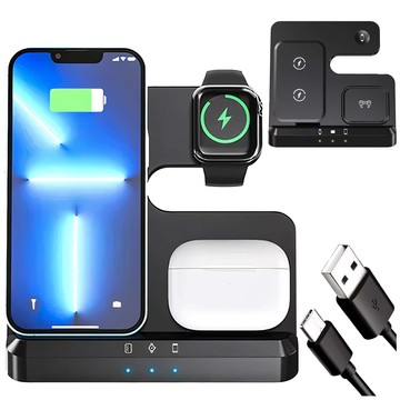 Kabelloses induktives Ladegerät Qi QC 3.0 3in1 Fast für Apple iPhone Airpods Watch Ladestation 15W schwarz