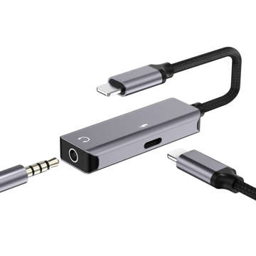 Lightning-auf-Mini-Jack-3,5-mm-Adapter, iPhone-Musik- und Ladeadapter, Grau