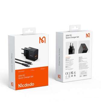 Mcdodo CH-1952 USB USB-C Wandladegerät, 20W USB-C auf Lightning Kabel (schwarz)