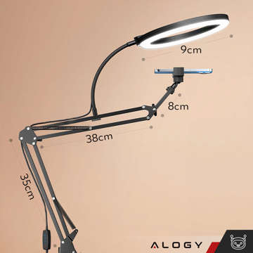 Ring LED Alogy Zeichenlampe mit flexiblem Arm und Schreibtischständer, Telefonhalter, Schwarz