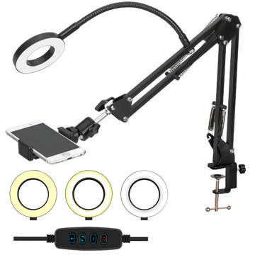 Ring LED Alogy Zeichenlampe mit flexiblem Arm und Schreibtischständer, Telefonhalter, Schwarz