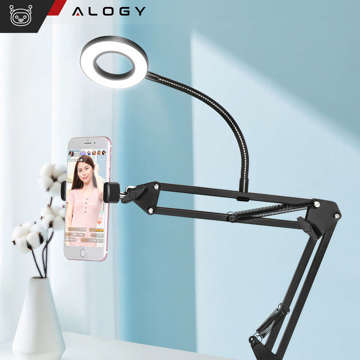 Ring LED Alogy Zeichenlampe mit flexiblem Arm und Schreibtischständer, Telefonhalter, Schwarz