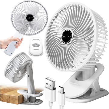 Schreibtischventilator, Standventilator, kleiner Umwälzventilator mit Clip, kabelloser Handventilator, 500 mAh, USB-C, Alogy White