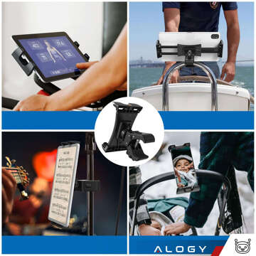 Tablet-Telefonhalter 4,7"-12,9" für eine Stange, ein Stativ, einen Lenker für einen Trainer, ein stationäres Fahrrad, ein Laufband, einen Kopfstützenständer Alogy schwarz