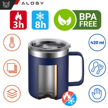 Thermobecher 420 ml mit Griffdeckel für Kaffee, Tee, kalte und warme Getränke aus Stahl, Alogy, Marineblau