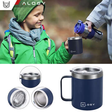 Thermobecher 420 ml mit Griffdeckel für Kaffee, Tee, kalte und warme Getränke aus Stahl, Alogy, Marineblau