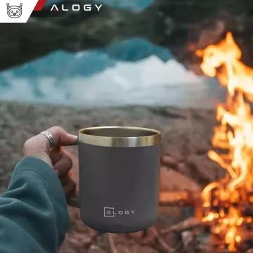 Thermobecher 420 ml mit Griffdeckel für Kaffee, Tee, kalte und warme Getränke aus Stahl, Alogy, Marineblau