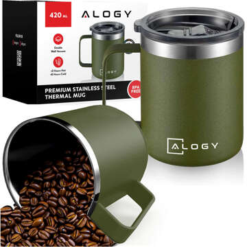 Thermobecher 420 ml mit Henkeldeckel für Kaffee, Tee, Steel, Kalt- und Heißgetränke Alogy Green