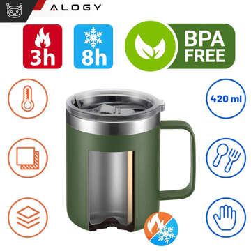 Thermobecher 420 ml mit Henkeldeckel für Kaffee, Tee, Steel, Kalt- und Heißgetränke Alogy Green