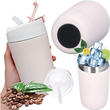 Thermosbecher mit Ausguss und Strohhalm für Kaffee, Yerba-Mate-Tee, 480 ml, Alogy-Vakuumflasche, Stahl, Pink, Waschbürste