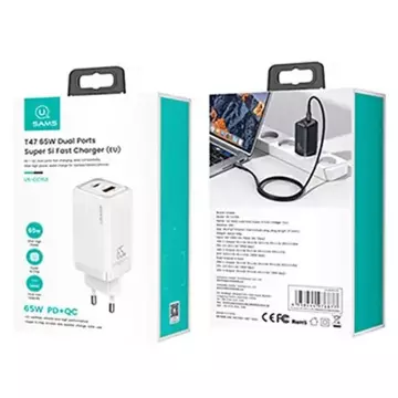 USAMS Wandladegerät 1xUSB-C 1xUSB T47 65W PD Fast Charging Super Si weiß/weiß CC153TC02 (US-CC153)