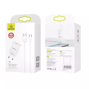 USAMS Wandladegerät 1xUSB T21 USB-C weiß/weiß 2.1A Schnellladekabel T21OCTC01