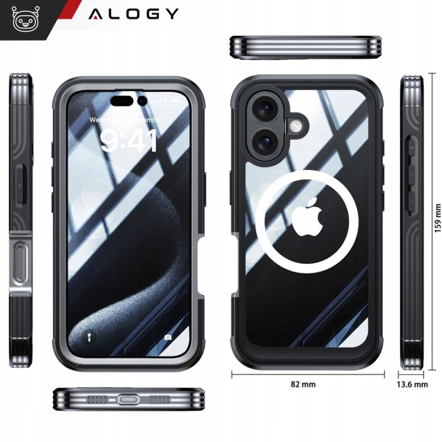 Etui ochronne na telefon do Apple iPhone 16 Alogy Shield360 MagCase™️ do MagSafe obudowa z ochroną wyświetlacza i aparatu Czarne