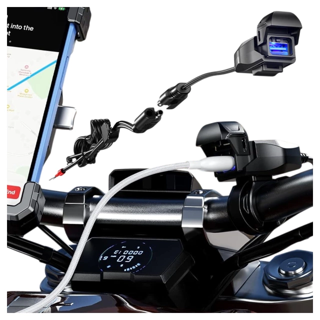 Nabíjačka na motocykel Kewig USB-A 18W, rýchle nabíjanie QC, vodotesná IP65 s vypínačom a LED podsvietením, upevnenie na riadidlá, pre telefón, kameru, interkom – čierna