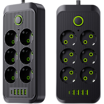 Подовжувач Подовжувач 6 розеток AC EU розетки 4x USB USB-C тип C розетки 2500 Вт чорний
