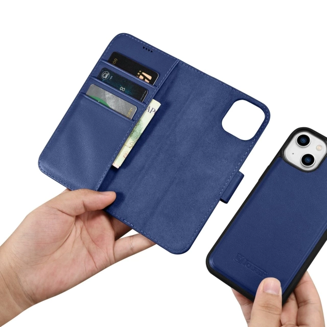 Kožené flipové puzdro iCarer Wallet Case 2v1 iPhone 14 Plus Anti-RFID modré (WMI14220727-BU)