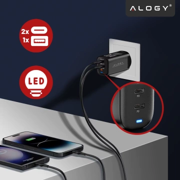 Alogy GaNCarge Kompaktná nástenná nabíjačka 3v1 rýchle nabíjanie GaN3 65W USB-A 30W 2x USB-C 65W čierna