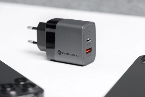 Nabíjačka Forcell GaN 45W USB-C USB-A PD QC SFC do steny, sivá