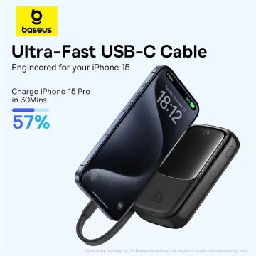 Powerbanka Baseus Qpow Pro 10000mAh 22,5W s vestavěným USB-C kabelem a displejem - černá