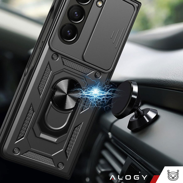 Armored case for Galaxy Z Fold 5 Camshield Case Ring Alogy Stand with slide camera cover, black