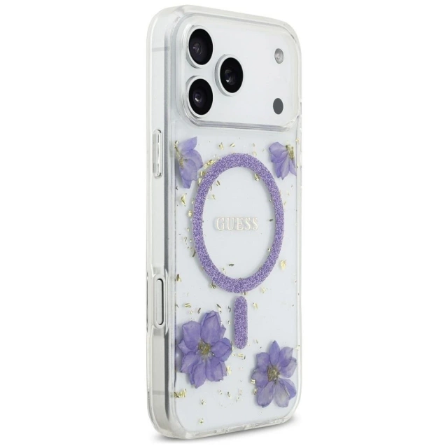 Etui Guess Resin Flowers Glitter MagSafe na iPhone 17 Pro Max - Fioletowe