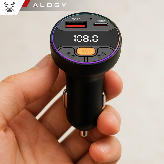 Transmiter samochodowy z Ładowarką Alogy PowerTune USB-A USB-C szybkie ładowanie PowerDelivery PD30W Quick Charge QC3.0 Czarny