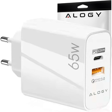 Rýchle rýchle nabíjanie USB-A QC 3.0 USB-C PD 33W 65W nástenná nabíjačka Alogy White
