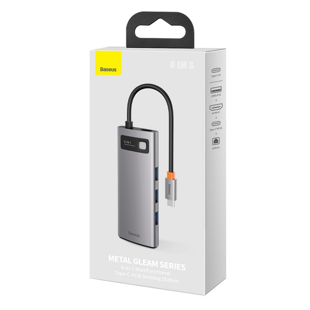Концентратор 6w1 Baseus Metal Gleam Series, USB-C до 3x USB 3.0 HDMI USB-C PD Ethernet RJ45